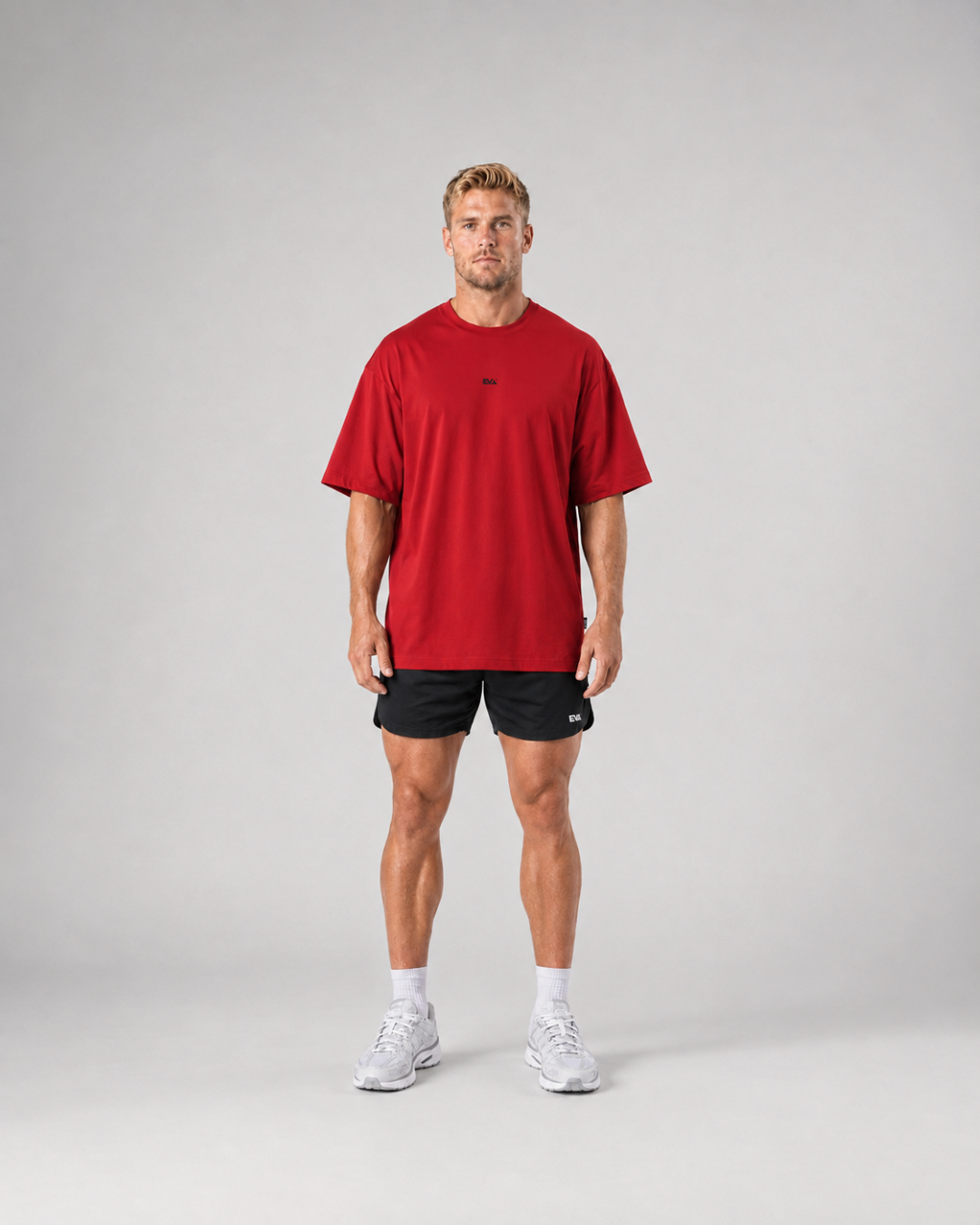 Legacy Oversize Tee in Crimson Red - front view on male model