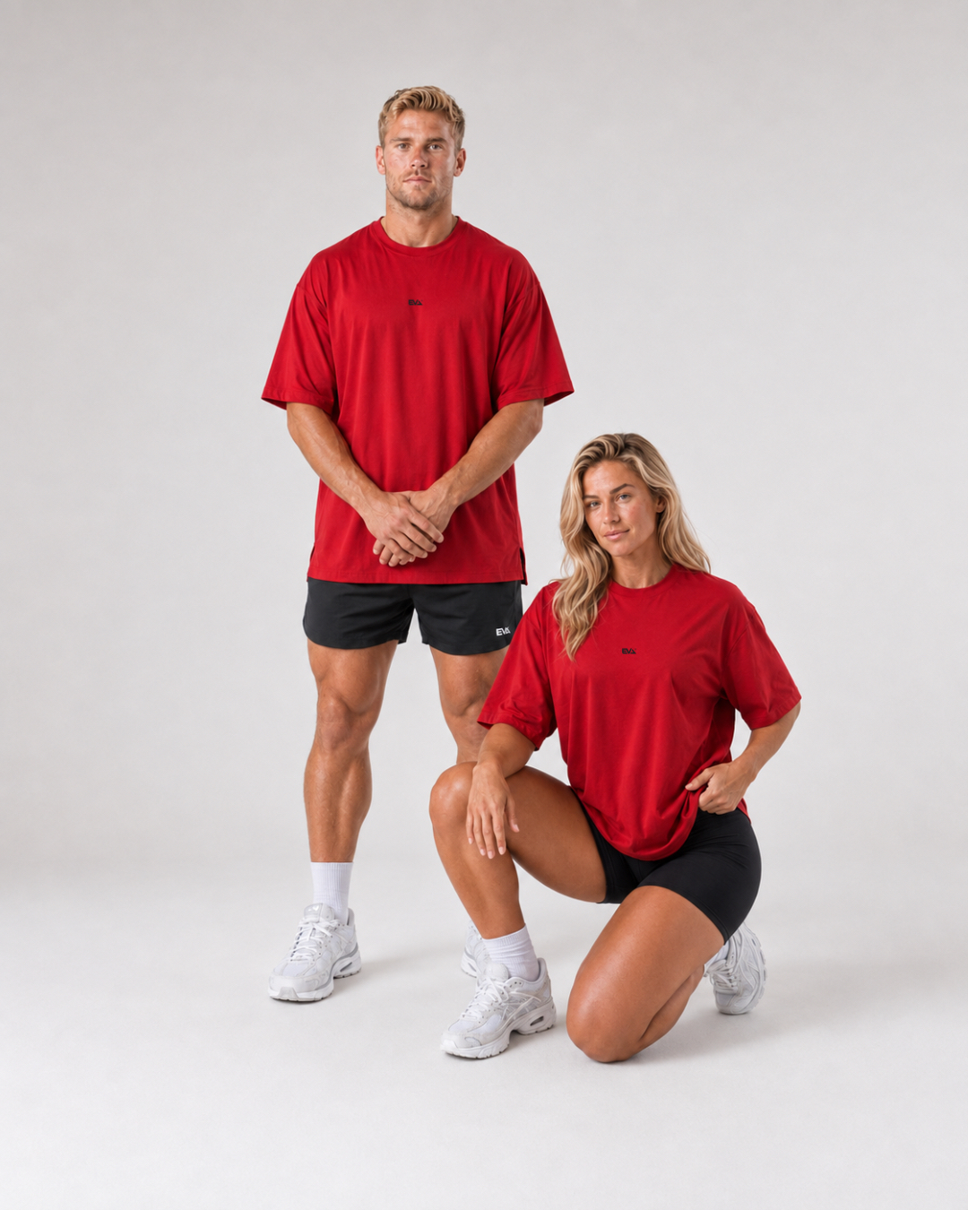 Legacy Oversize Tee in Crimson Red - oversize fit shown on two models