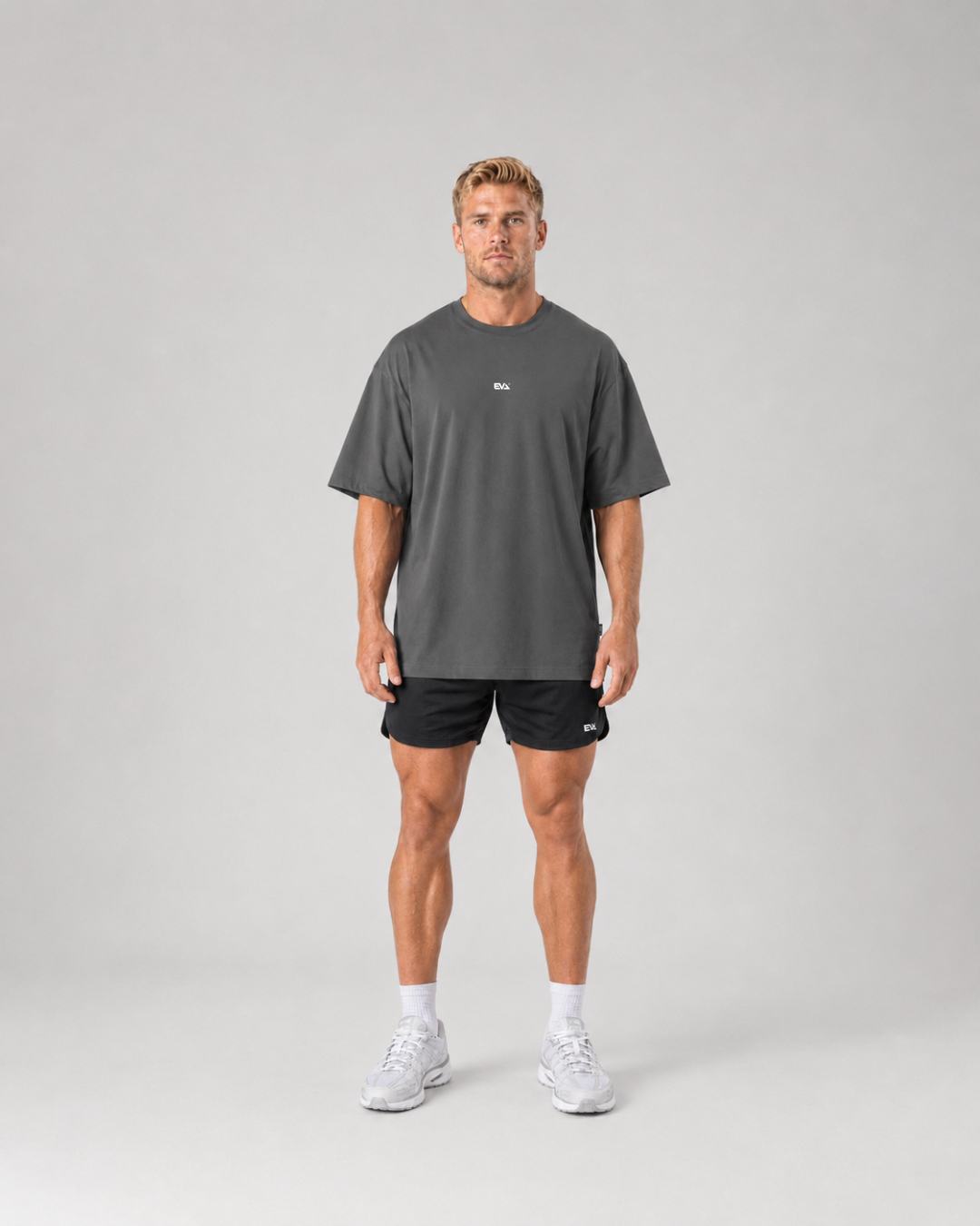 Legacy Oversize Tee in Iron Grey - front view on male model