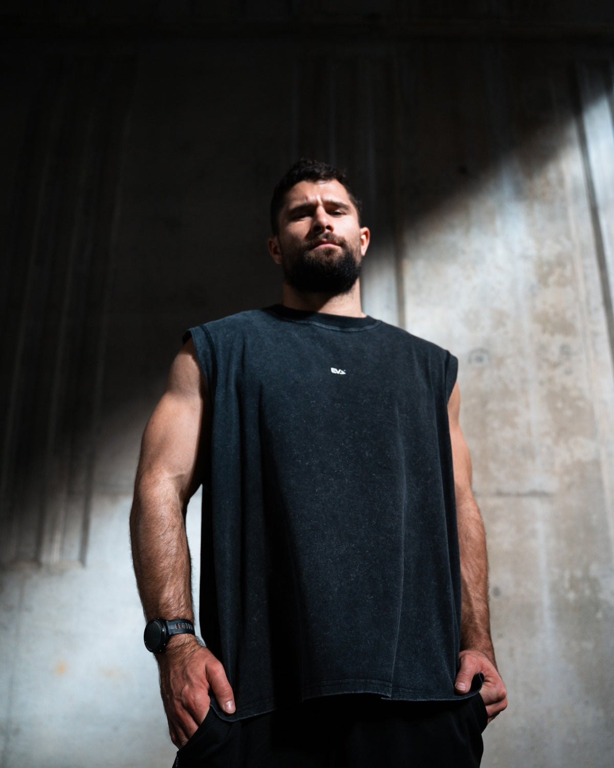 Forge Box Tank [Acid Black] - worn on model, low angle