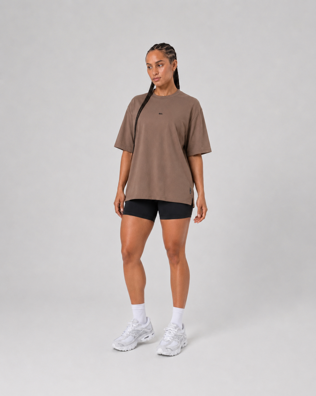 Legacy Oversize Tee in Clay Brown - front view on female model