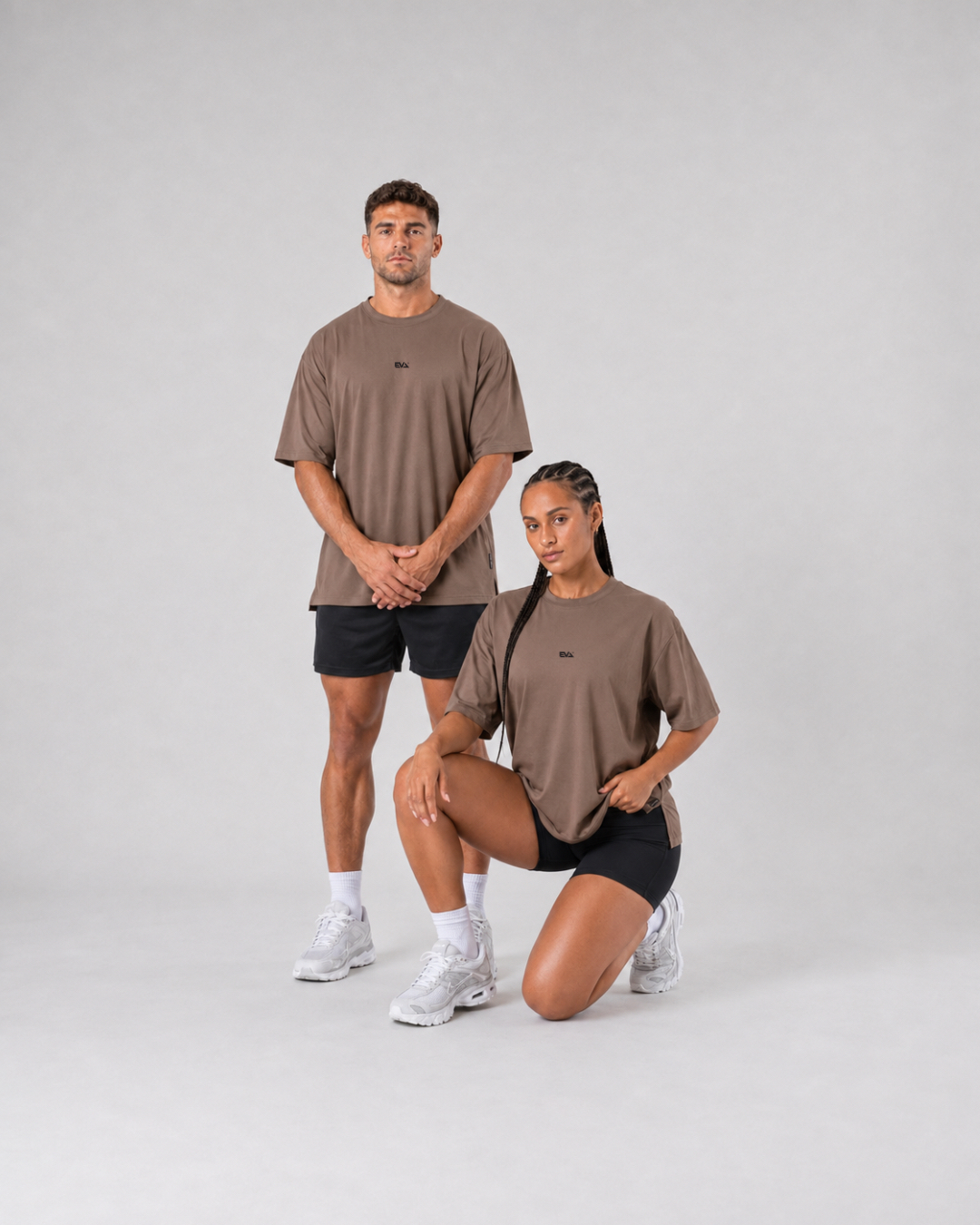 Legacy Oversize Tee in Clay Brown - oversize fit shown on two models