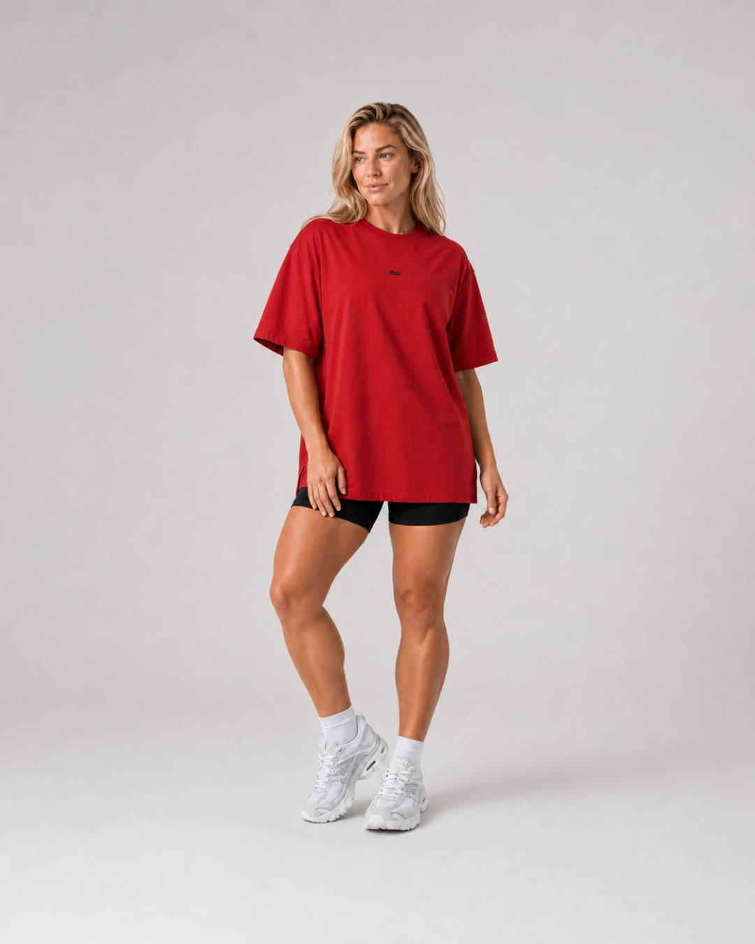 Legacy Oversize Tee in Crimson Red - front view on female model