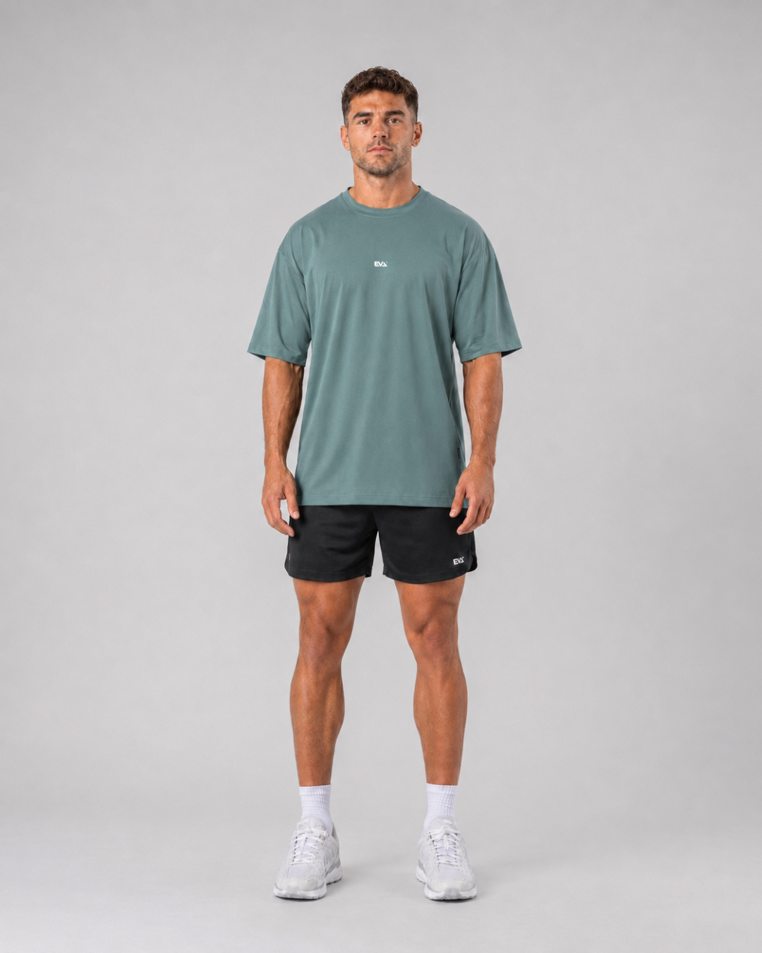 Legacy Oversize Tee in Dusty Teal - front view on male model