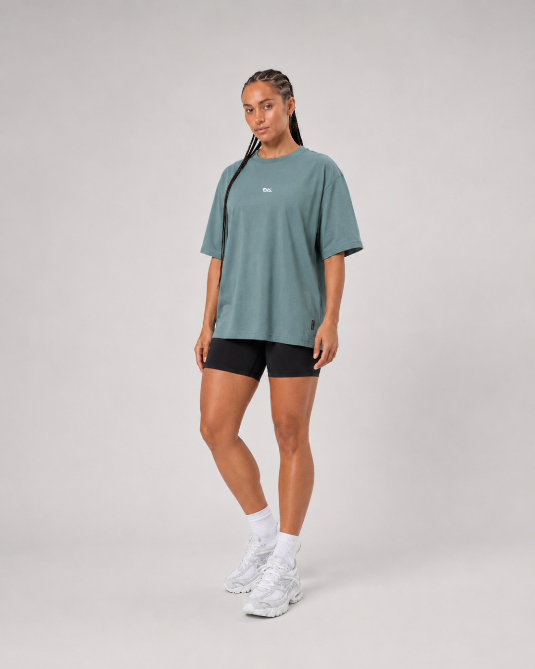 Legacy Oversize Tee in Dusty Teal - front view on female model
