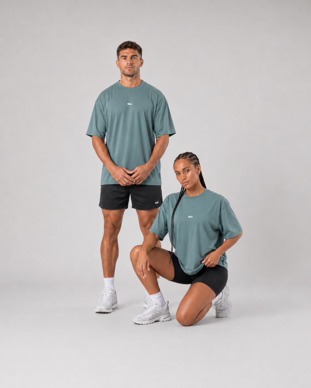Legacy Oversize Tee in Dusty Teal - oversize fit shown on two models