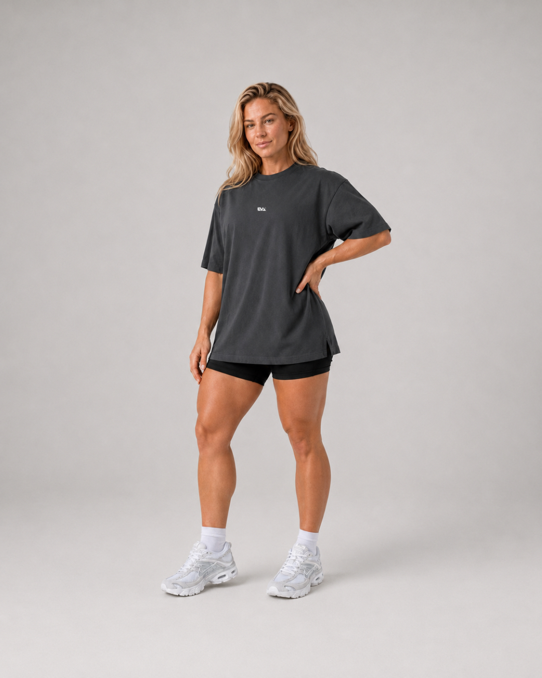Legacy Oversize Tee in Iron Grey - front view on female model