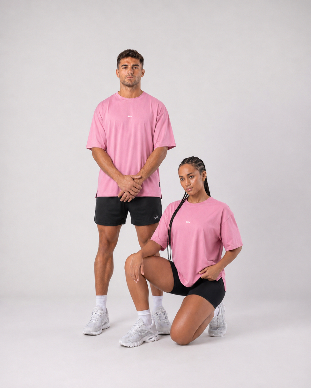 Legacy Oversize Tee in Powder Pink - oversize fit shown on two models