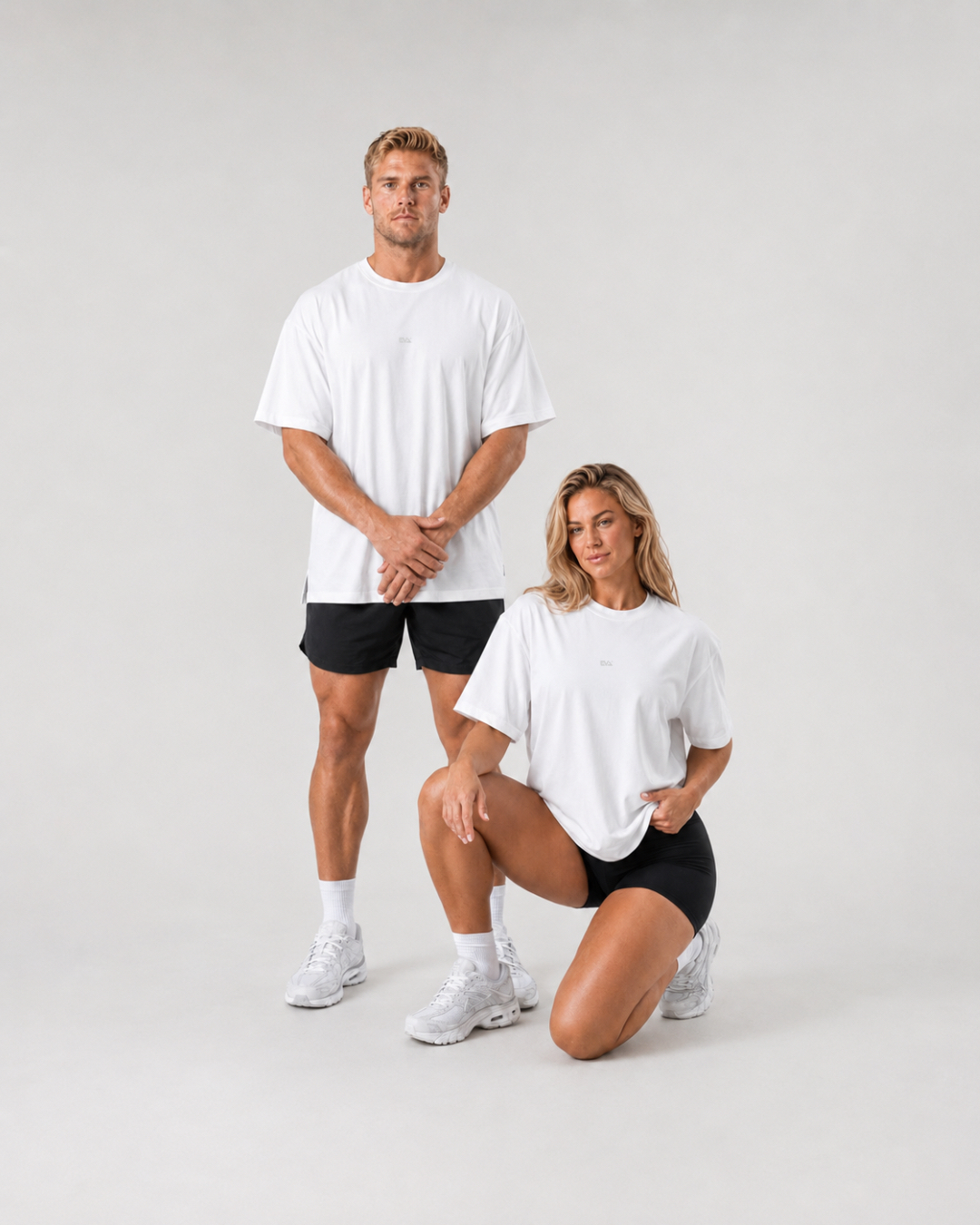 Legacy Oversize Tee in White - oversize fit shown on two models